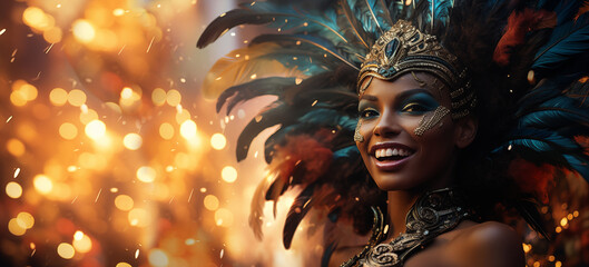 Brazilian carnival and festival. A joyful Black woman in a vibrant carnival costume with feathers...