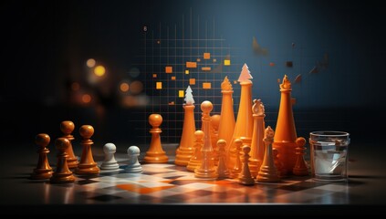 chess, king, strategy, battle, competition, game, piece, pawn, success, board. orange chess piece standing against full set of chess pieces around white team. strategy, planning, and decision concept.