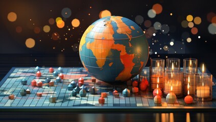 earth, globe, planet, candle, country, model, candlelight, desk, environment, global. vintage globe model put on stand middle it around candle, global Interconnectedness image generated via AI. - obrazy, fototapety, plakaty