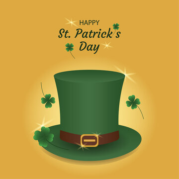 Greeting card invitation to St. Patrick's Day. Green Patrick's top hat and four-leaf clover. Happy st. patrick's day text with highlights on gold background. Hand drawn vector cartoon illustration.