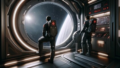 Two astronauts standing near a porthole inside a spaceship. Space. Wallpaper.