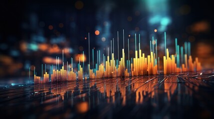 finance, graph, investment, chart, background, economy, financial, growth, money, stock. foreground has financial trends solid and bar chart, orange and blue line graphs in city visualizing pulsing. - obrazy, fototapety, plakaty