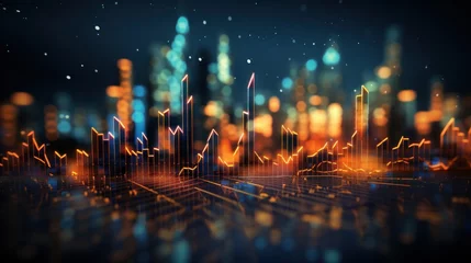 Foto op Canvas finance, graph, investment, chart, background, economy, financial, growth, money, stock. foreground has financial trends solid and bar chart, orange and blue line graphs in city visualizing pulsing. © Day Of Victory Stu.
