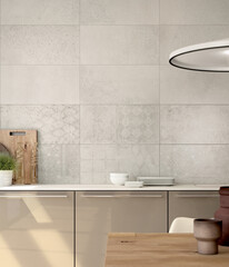 Luxury kitchen interior with white marble wall, white ceramic countertop, essential utensils. 3D Rendering