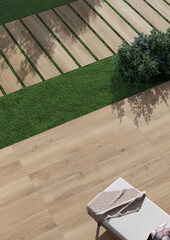 Residential backyard with wooden floor, sunlight. 3D Rendering