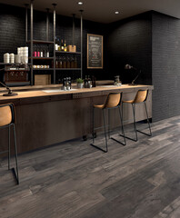 Dark luxury bar interior with wooden floor, black walls, wooden tabletop and chairs. 3D Illustration. 3D rendering