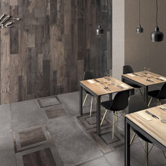 Wooden cafe interior with grey marble floor, wooden table with black chair, black hanging lamps, wooden walls. 3D Rendering