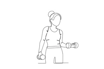 Single continuous line drawing of A woman doing sports lifts dumbbells. Fitness stretching concept. Trendy one line draw graphic design vector illustration
