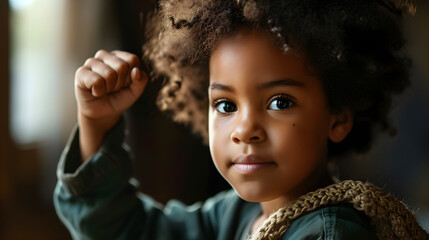 A young child raising their fist confidently and with strength, - obrazy, fototapety, plakaty