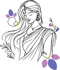 Indian woman in saree with beautiful hair line art vector