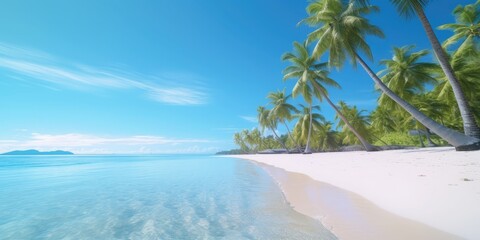 A beach scene with palm trees, white sand, and crystal-clear blue water, Side view, high speed continuous shooting, new objectivity, 8K, hyper quality