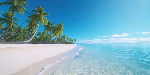 Fototapeta na wymiar A beach scene with palm trees, white sand, and crystal-clear blue water, Side view, high speed continuous shooting, new objectivity, 8K, hyper quality 
