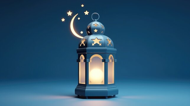 3D islamic lantern, leave space for text at left, on light blue background, 3D cloud and moon, storybook illustration, rendered in cinema4d, rendered in blender, Flash-Lamp light, 8K, 