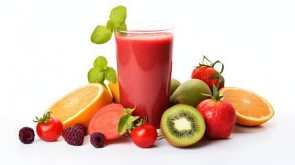 A Freshly pressed Fruit tomatoe and vegetable juice smoothie with fruits veggie toppings on white background cutout.