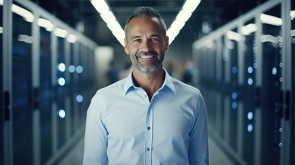 A gently smiling middle-aged network engineer standing in the futuristic white bright server room facing the camera wide angle shot 