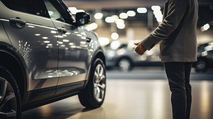 A hand touching a grey suv in a car showroom,  - obrazy, fototapety, plakaty