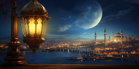 A lantern in the night with the moon and city in background, oriental, photorealistic, ottoman art,...