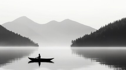 Obraz na płótnie Canvas A person on a row boat on a serene lake , black and white minimalism