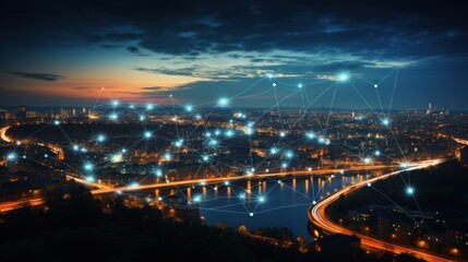 Fototapeta premium connection, digital, network, technology, communication, energy, line, wireless, connect, innovation. global media link connecting on night city background, internet, 5G communication. generate via AI