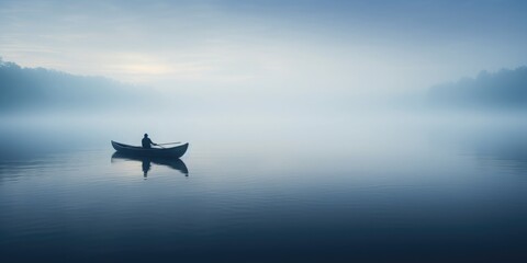 A solitary rowboat on a calm lake, with ripples emanating from its path. In the boat, there's an...