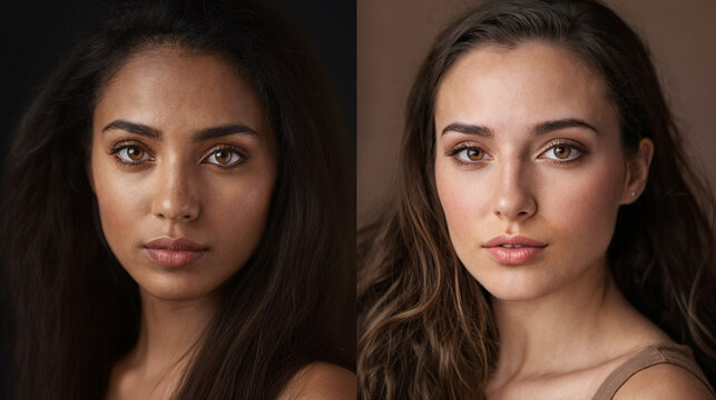 Comparison of two similar face shapes with dark tanned skin tone and light caucasian skin tone, young beauty face, eye contact, slim attractiveness