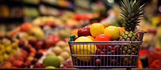 Close up full shopping cart in grocery store fruit shop indoor background