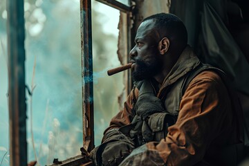 Muscular black man sitting at a window looking at viewer, smoking big cigar, wearing mercenary outfit, rugged outfit. generative AI - obrazy, fototapety, plakaty