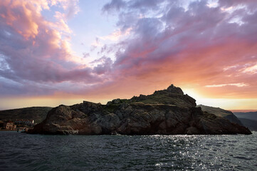 Mountain and sea in Balaklava on sunset, Crimea