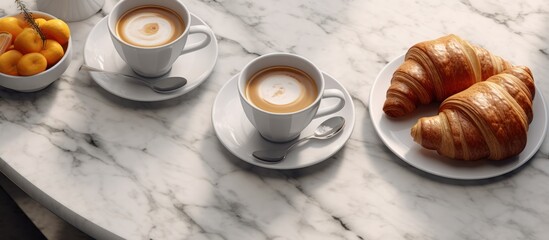 Continental breakfast with espresso coffee and croissants on a marble table