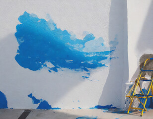 Blue and white wall with blue paint