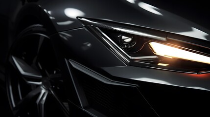 Matte black car headlights with light and speed. - obrazy, fototapety, plakaty