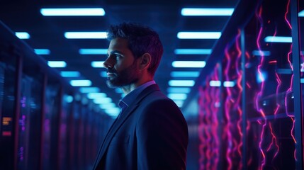 Data center neon lights, business man on front left view very realistic face, 8k, cinematic lighting, volumetric lighting, ray tracing, ultra - detailed, intricate details, movie scene,