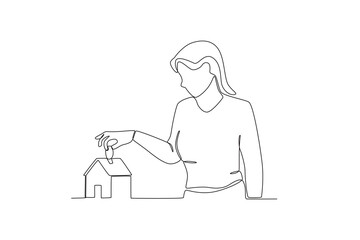Single one line drawing of A woman who is saving for a home investment. Business investment stock growth minimal concept. Modern continuous line draw design graphic vector illustration
