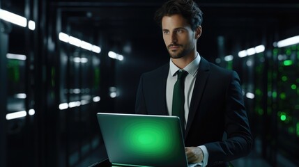 Man with dark hair and green eyes in business suite with laptop in datacenter in 4k resolution 