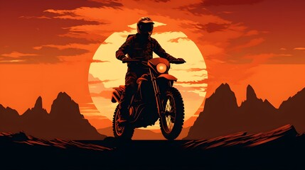 silhouette of a male motorcyclist at sunset and an off-road enduro cross-country motorcycle. - obrazy, fototapety, plakaty