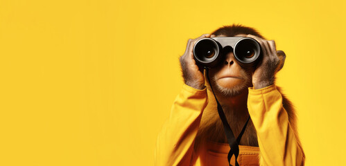 A cheerful monkey looks through binoculars on a yellow background - Powered by Adobe