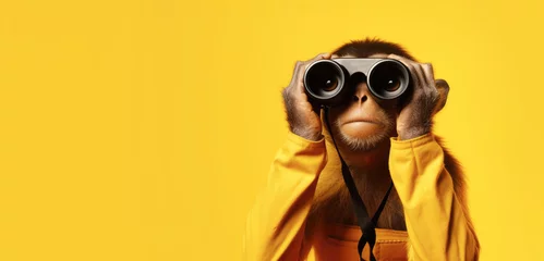 Fotobehang A cheerful monkey looks through binoculars on a yellow background © Daria17