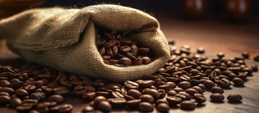 Roasted Coffee Beans Spill Out Of A Burlap Sack On The Table