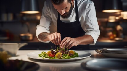 man in hat serving meal in restaurant kitchen