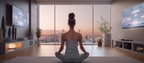 Seen from behind Young woman teaching fitness at home, aerobics, sporty lifestyle