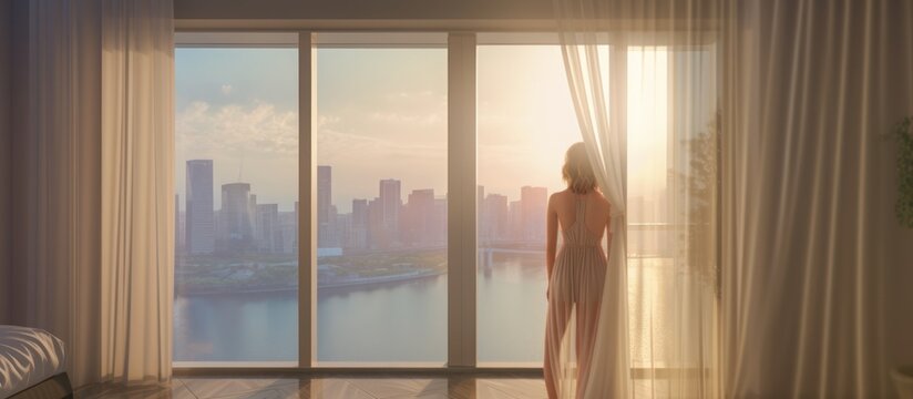 Seen from behind, the woman opens the curtains and enjoys the beautiful view from the hotel window, as the sun shines