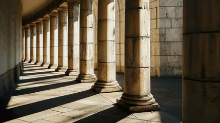 Foto op Canvas Stone pillars colonnade background with sunlight and long shadows from columns. © lanters_fla