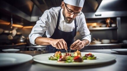 Young cooks men in aprons carefully serving meal in white ceramic dishes on restaurant kitchen