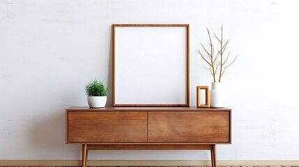 Stylish scanidnavian interior with mock up photo frame, design accessories and plants on the wooden desk. Beautiful mirror on the white wall. Creative desk of home decor. Generative Ai