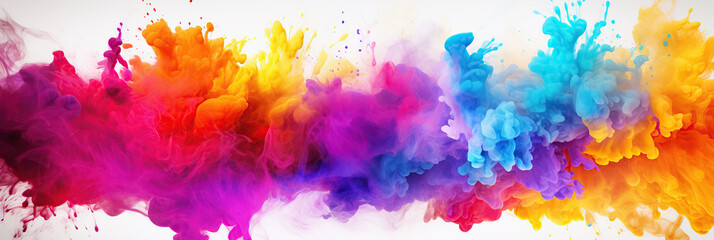 Colorful explosion of Holi festival powders, artistically captured to show plumes of pink, orange, yellow, purple, and blue swirling together.