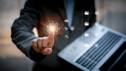 IT staff working with Document Management System (DMS), online documentation database and process automation to efficiently manage files, Corporate business technology.