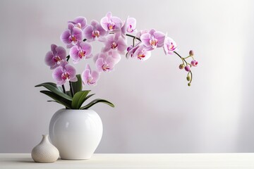 very beautiful orchid flowers in a vase on the table, white background