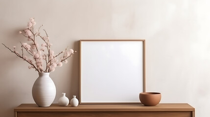 Stylish scanidnavian interior with mock up photo frame, design accessories and plants on the wooden desk. Beautiful mirror on the white wall. Creative desk of home decor. Generative Ai