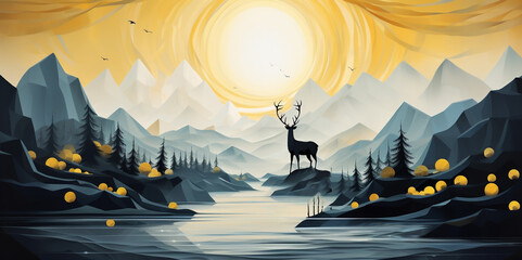 Illustration of nature, blue mountains, river, clear sky with wild animals, deer, birds.