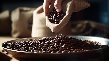 Fresh brown coffee bean in bag, aesthetic view of roasting coffee production - obrazy, fototapety, plakaty